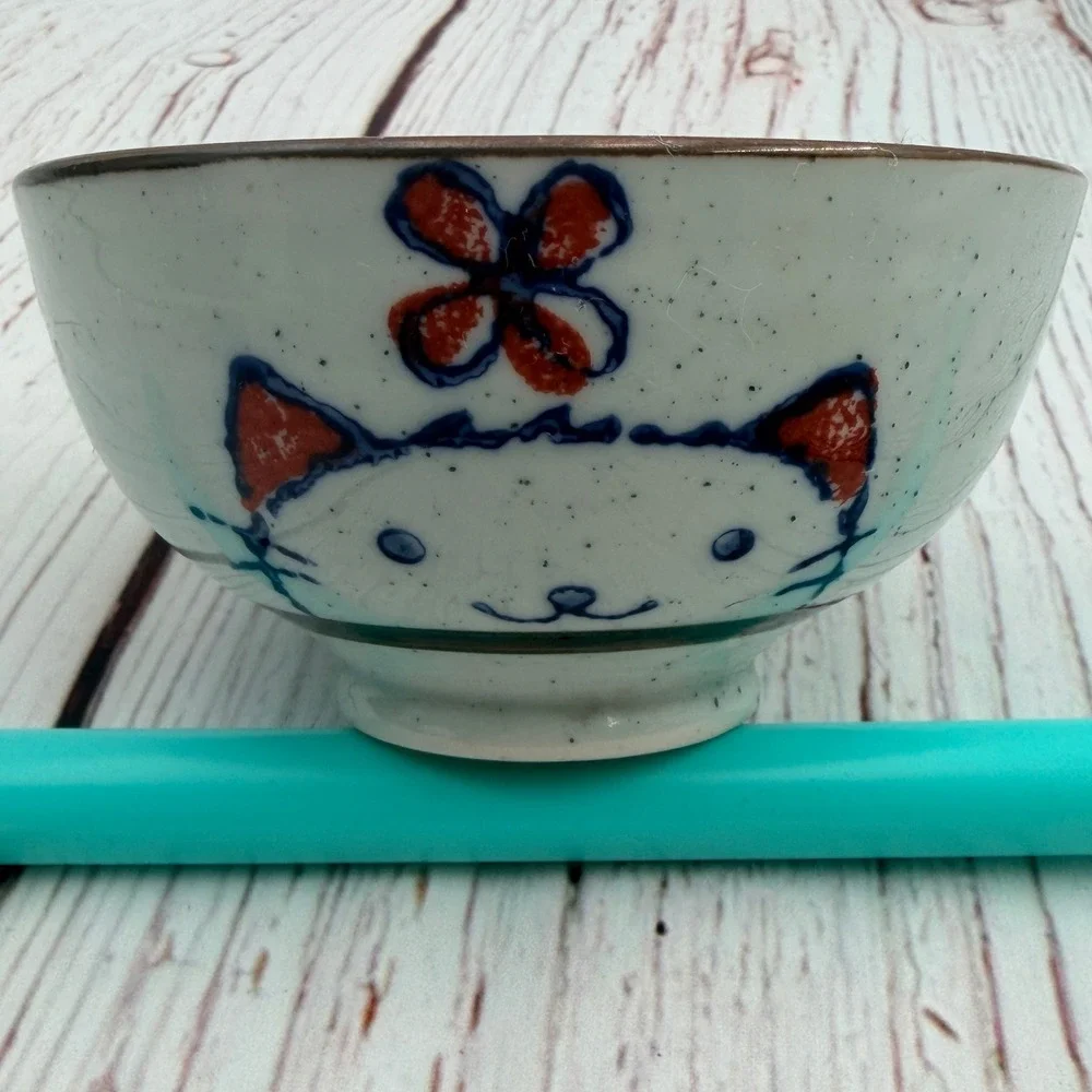 Japanese Iga-yaki Ceramic Cat Rice Bowl‎ Hand Painted Speckled Blue Orange 4.5